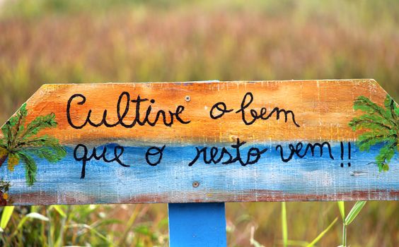 Crafted wooden sign with positive message in a Guaratuba field, Paraná, Brazil.