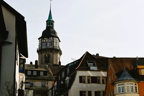 Free Charming view of historic clock tower and old houses in Baden-Württemberg, Germany. Stock Photo