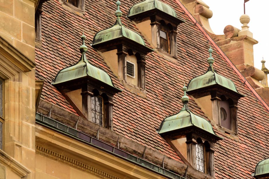 Close-up of ornate historical roof architecture ob der Tauber, Germany.