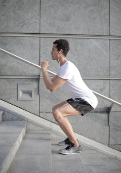 Side view of a young man doing squats on stairs outdoors while listening to music.