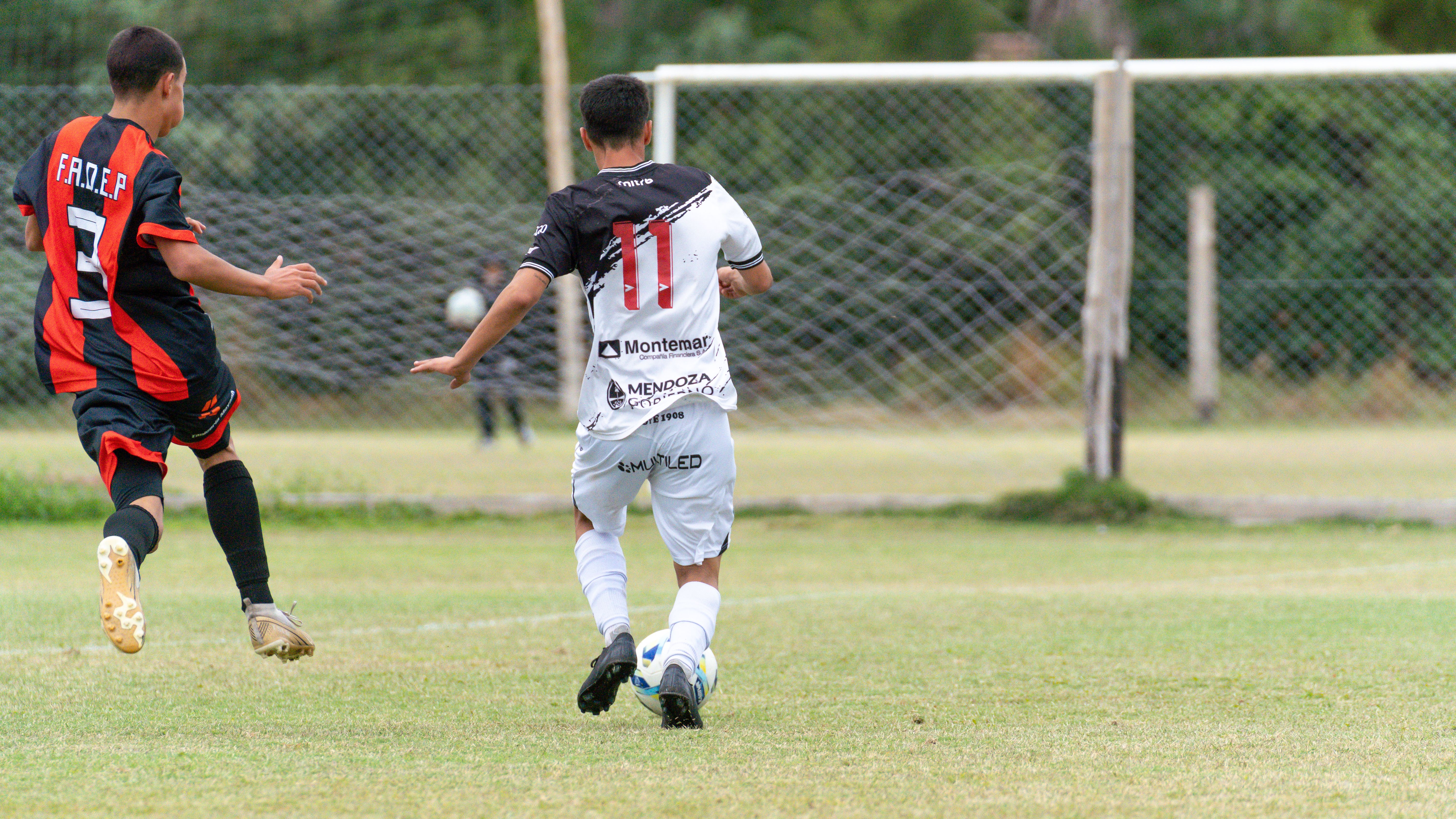 Dynamic image of a soccer match with two players chasing the ball on a grass field.