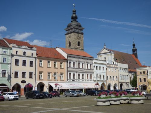 Free Charming view of the historic center in České Budějovice, highlighting traditional architecture under a clear blue sky. Stock Photo