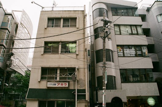 Street view showcasing a blend of old and modern buildings in Tokyo, Japan.