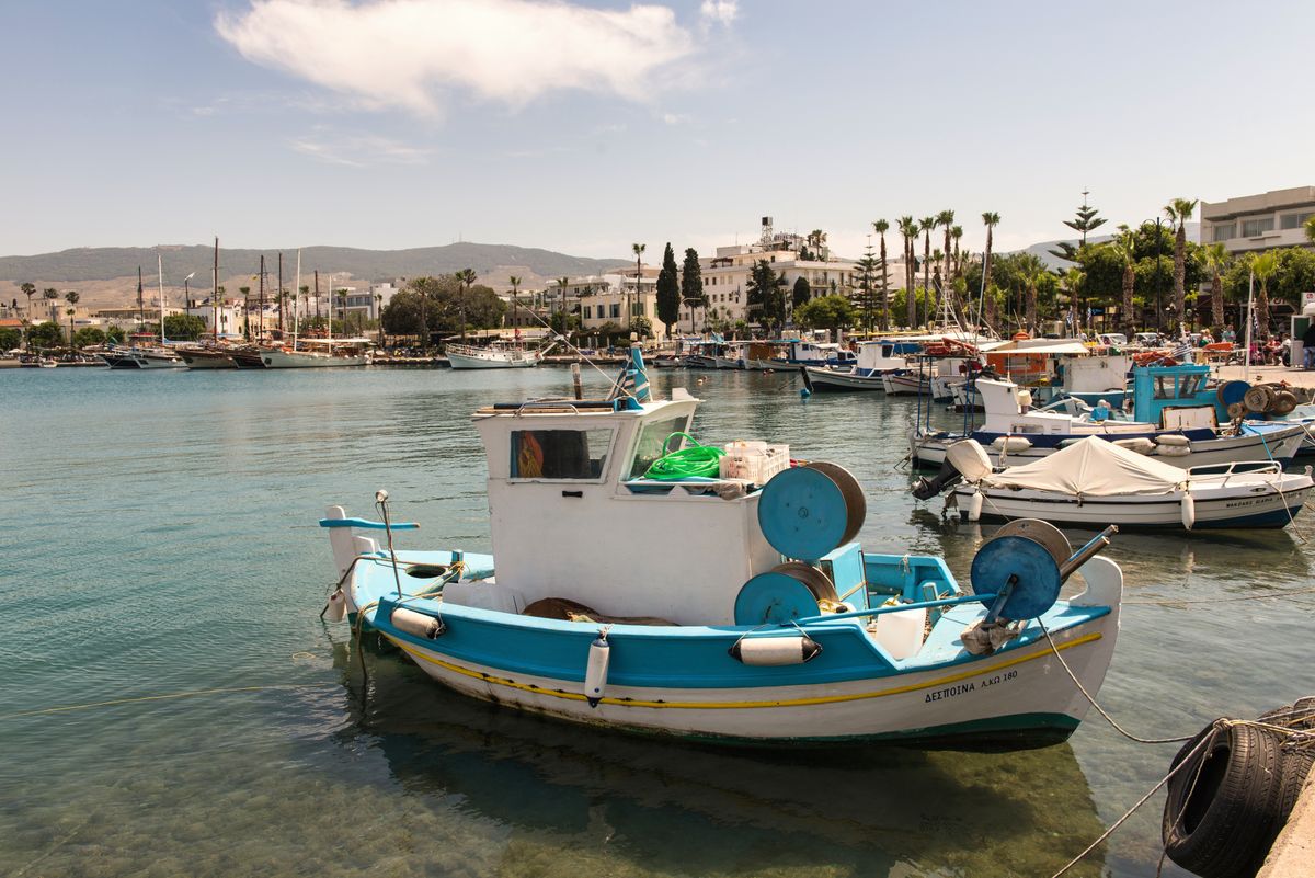 Orașul Kos - bărci de pescari în portul cu palmieri