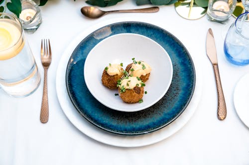 Free White and Blue Ceramic Plate With Food Stock Photo