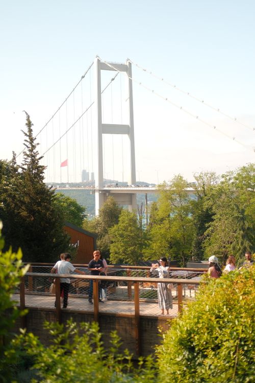 Free A lively scene with people enjoying a park view of the Bosphorus Bridge in Istanbul. Stock Photo