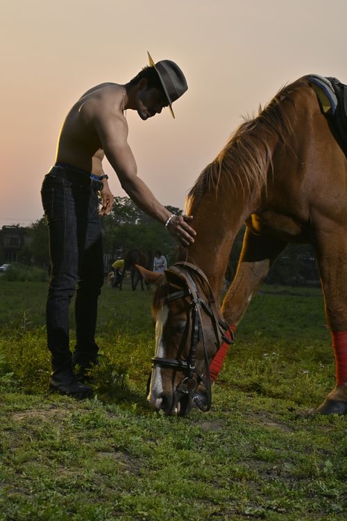 Free A shirtless cowboy with a hat gently pets a horse in a serene outdoor setting during sunset. Stock Photo