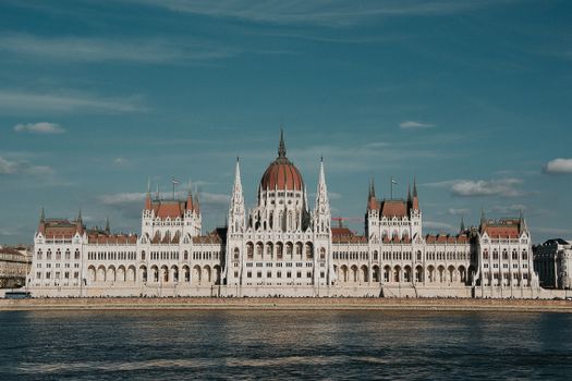 Stunning view of the Hungarian Parliament Building in Budapest, Hungary, from across the Danube.