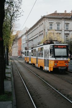 A classic yellow tram travels down a historic street in Budapest during springtime.