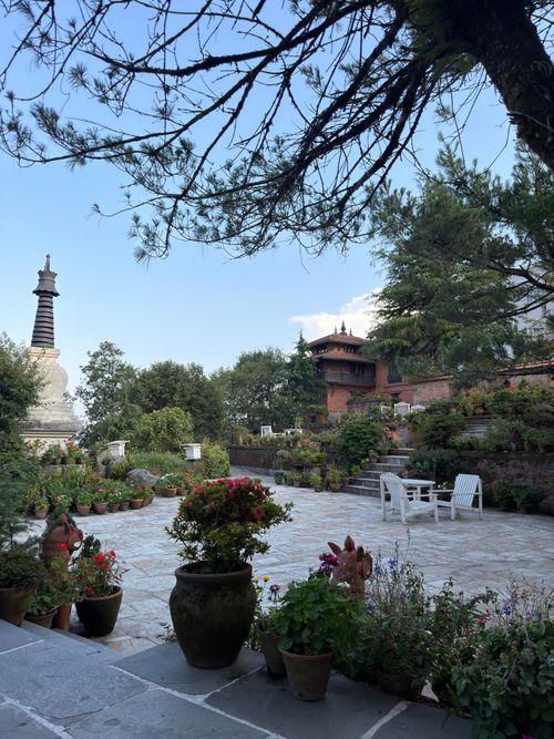 Free Peaceful courtyard garden at a traditional temple in Kathmandu, Nepal. Stock Photo