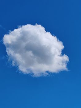 A solitary fluffy white cloud floats in a vibrant blue sky, capturing a peaceful summer day.
