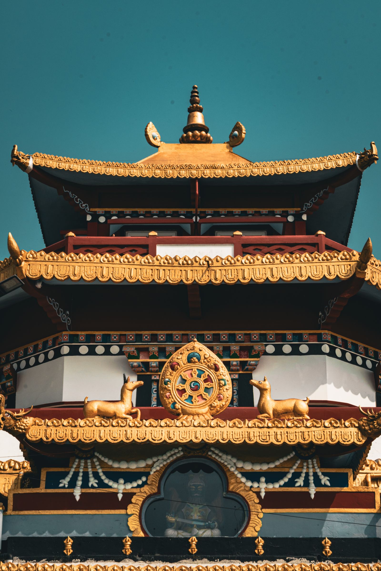 Gilded tiered roofs, a golden Dharma wheel and two deer crowning a Buddhist monastery in Kalimpong