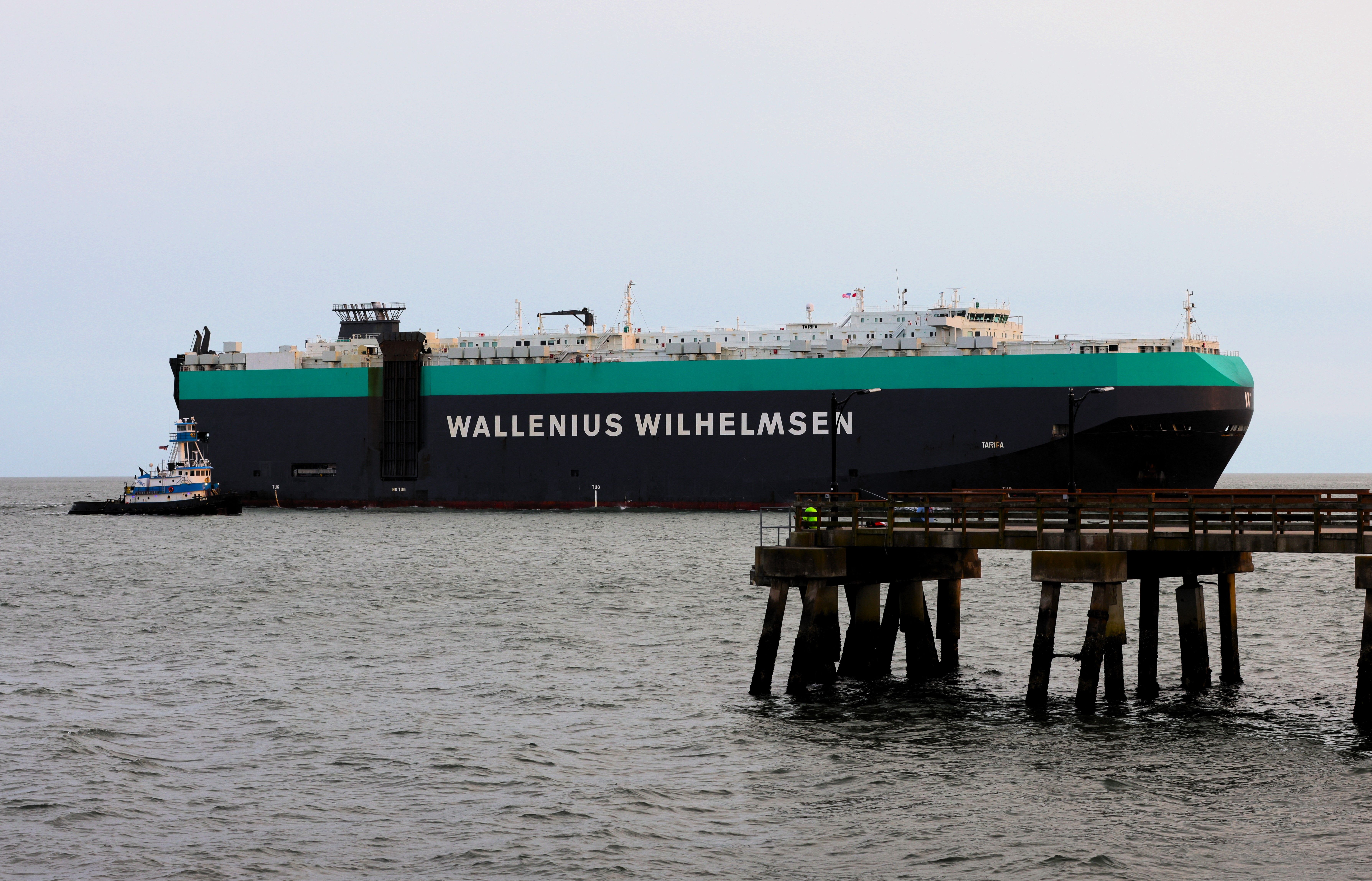 Massive Ro-Ro cargo ship 'WALLENIUS WILHELMSEN' in a Georgia harbor with dock view.