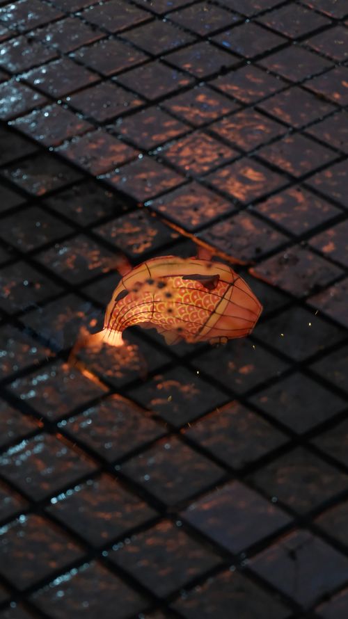 Free A colorful lantern reflecting in a rain-soaked cobblestone street at night. Stock Photo