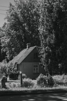 A serene black and white photograph of a rural house surrounded by tall trees, exuding tranquility.