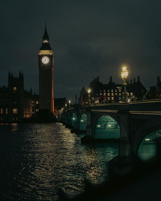 Dramatic night view of Big Ben and Westminster Bridge in London, England, beautifully illuminated.