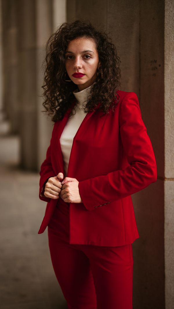 Cherry red sheath dress with cropped cardigan