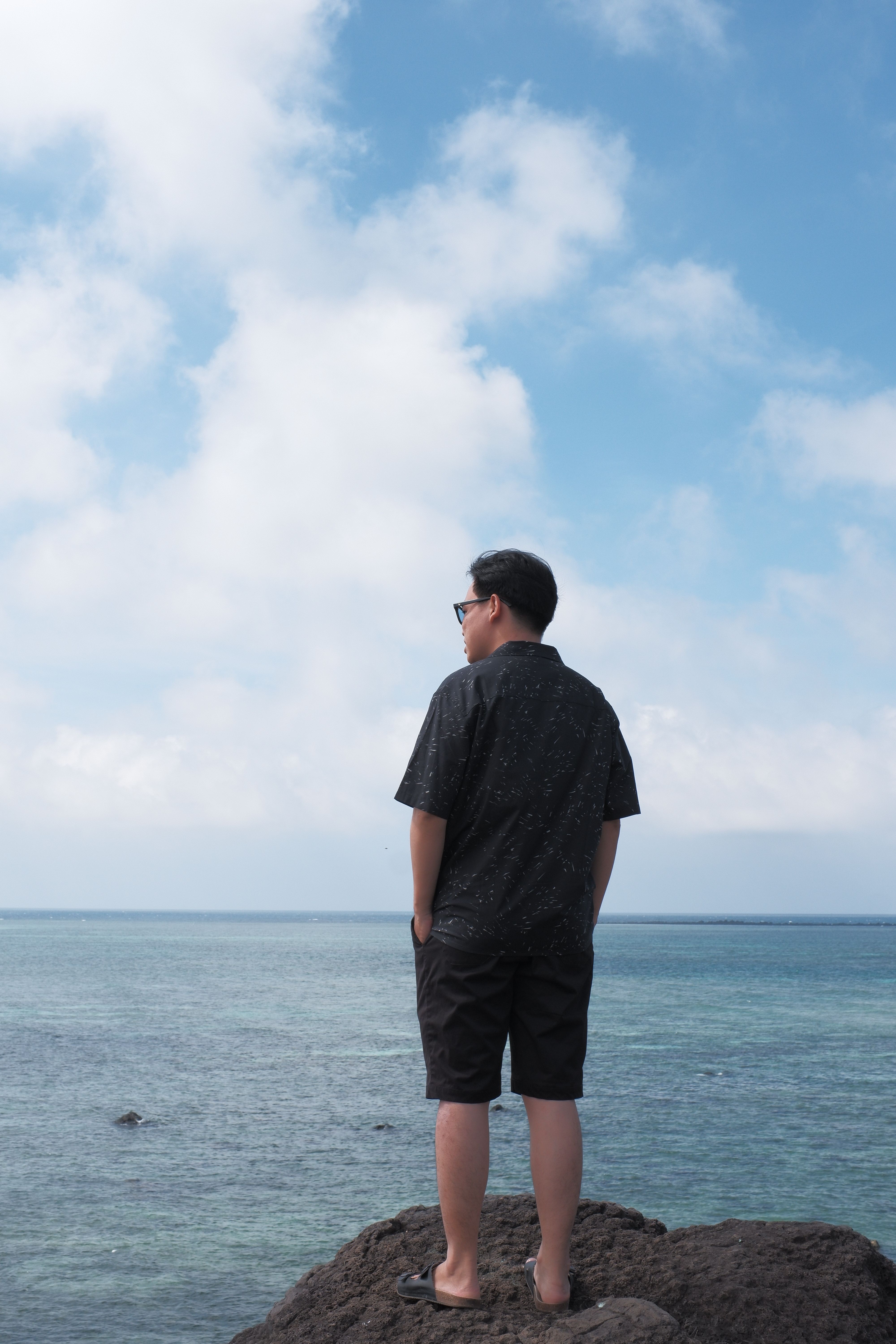 An adult man stands on rocks, contemplating a vast ocean under a clear blue sky.