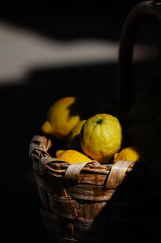 Close-up of lemons in a wicker basket with contrasting shadows, highlighting rustic simplicity.