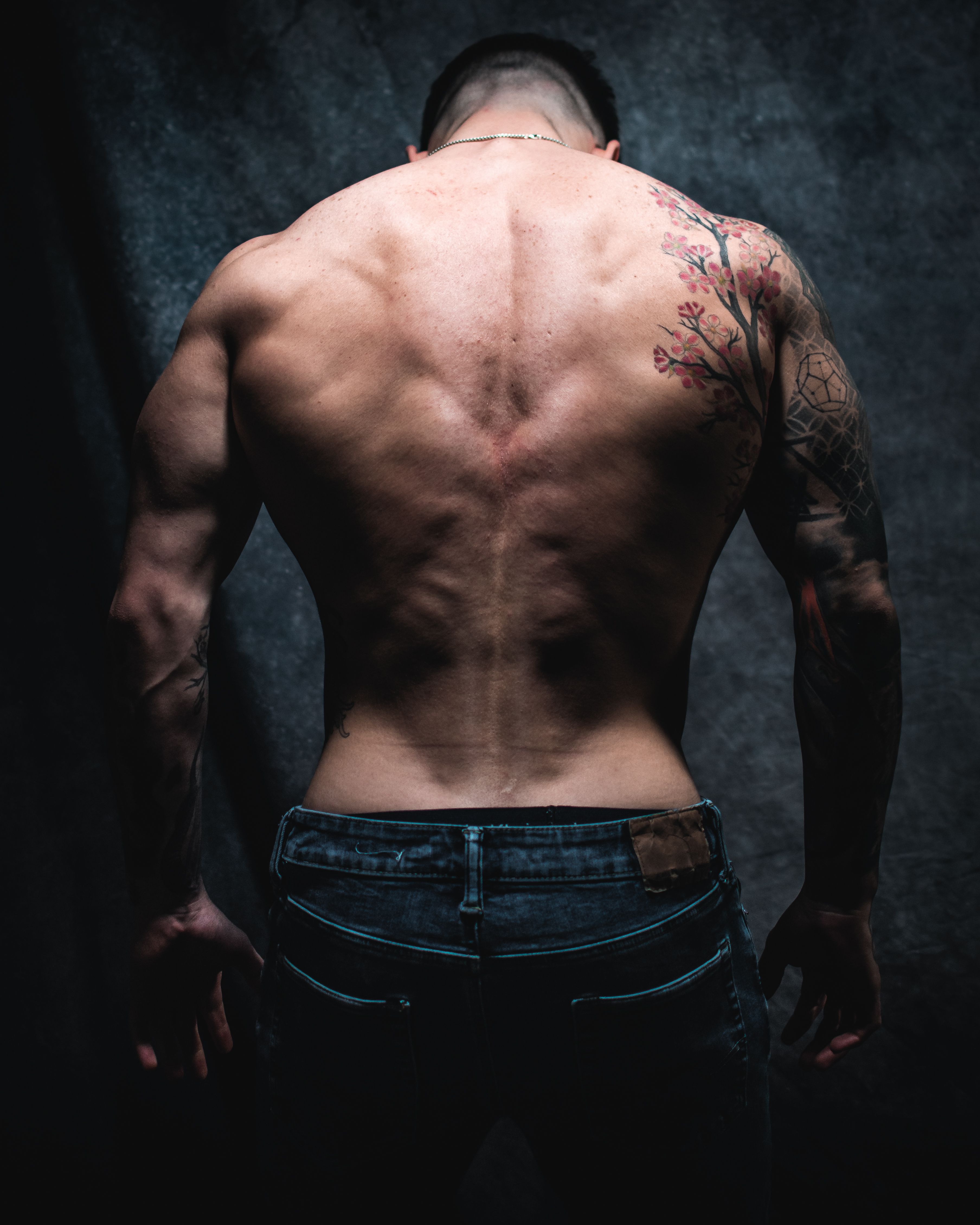 Artistic photo showcasing a muscular tattooed man's back, emphasizing strength and body art.