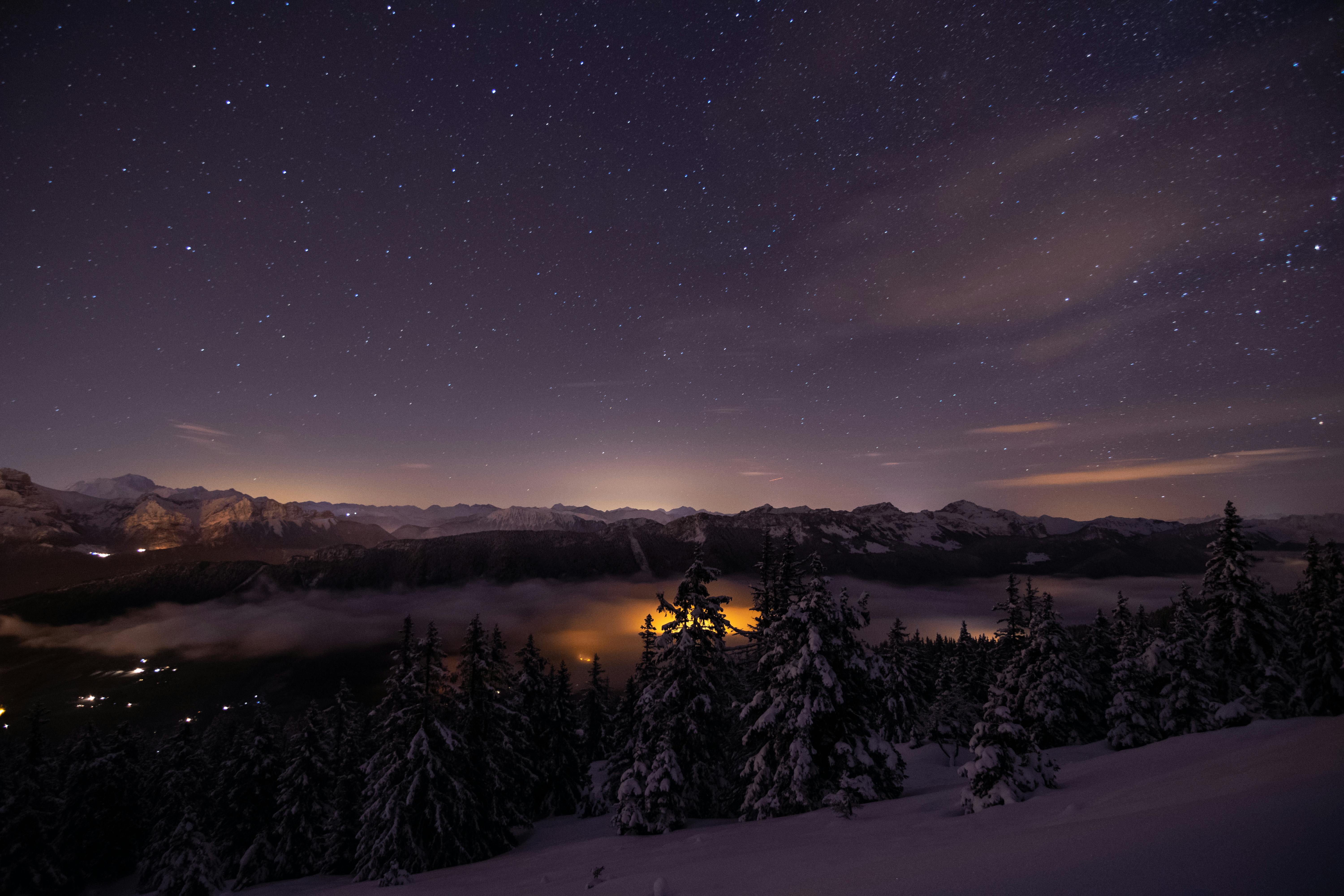 photo of trees and mountains during night time