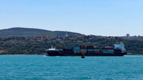 Free A vibrant view of a container ship navigating the Bosphorus in İstanbul's scenic setting. Stock Photo