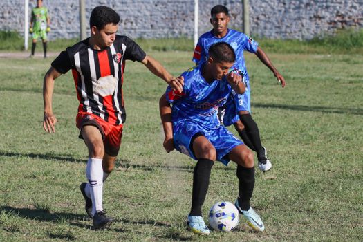 Intense soccer match with players competing for the ball on a sunny day.