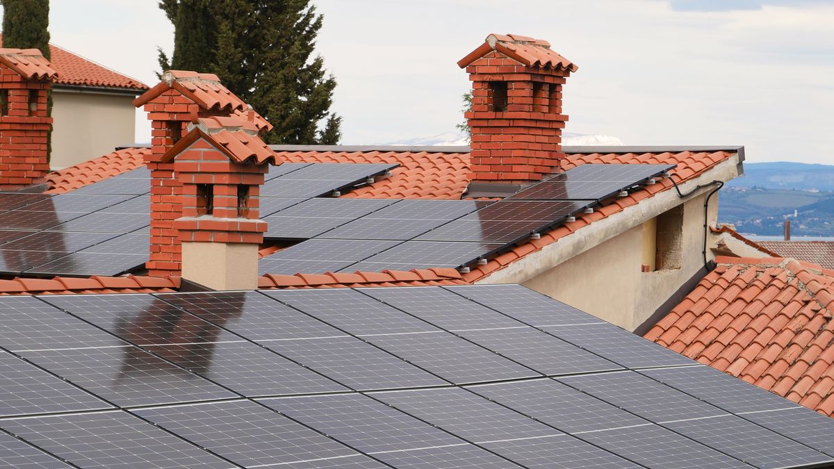 Rooftop solar panels on tiled roofs.