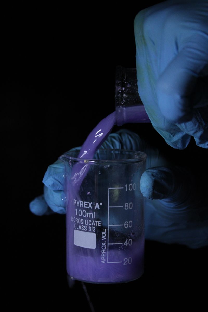 Scientist pouring bright purple liquid into a beaker during a chemistry demonstration