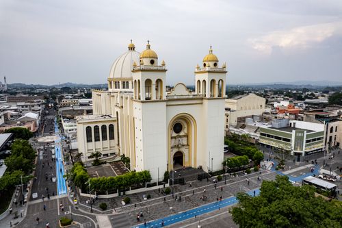 Free Stunning aerial view of San Salvador Cathedral and historic center in El Salvador. Stock Photo