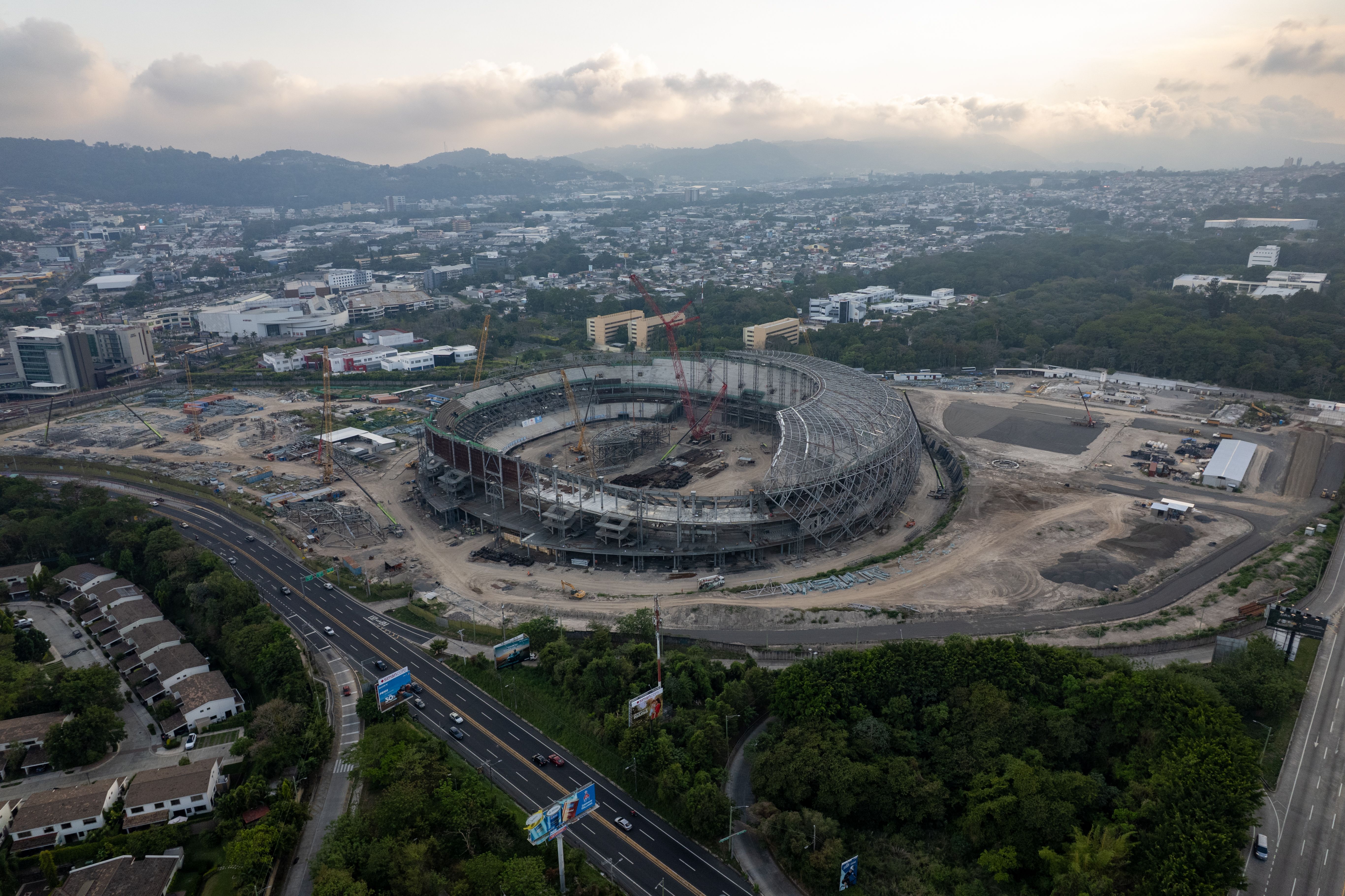 Aerial view of Loveworld Arena construction site with surrounding Barracks Newtown neighborhood