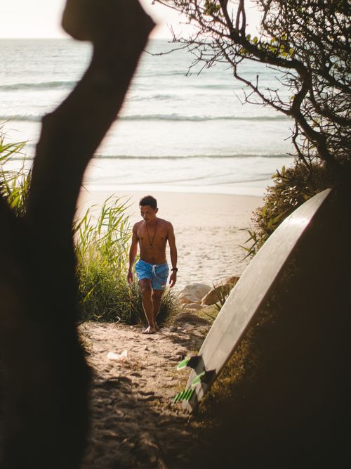 Free A surfer walks along a sandy pathway leading to a tropical beach with a surfboard beside him. Stock Photo