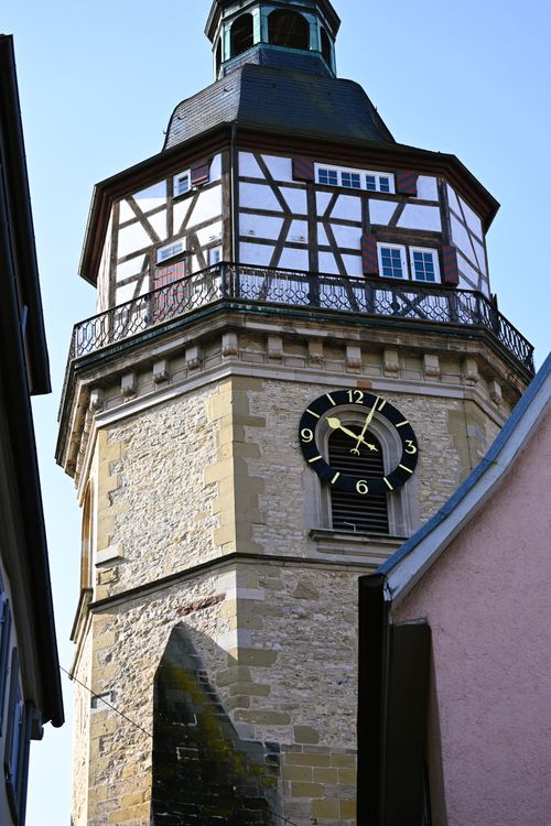 Free A detailed view of a historic clock tower showcasing traditional architecture in Baden-Württemberg, Germany. Stock Photo