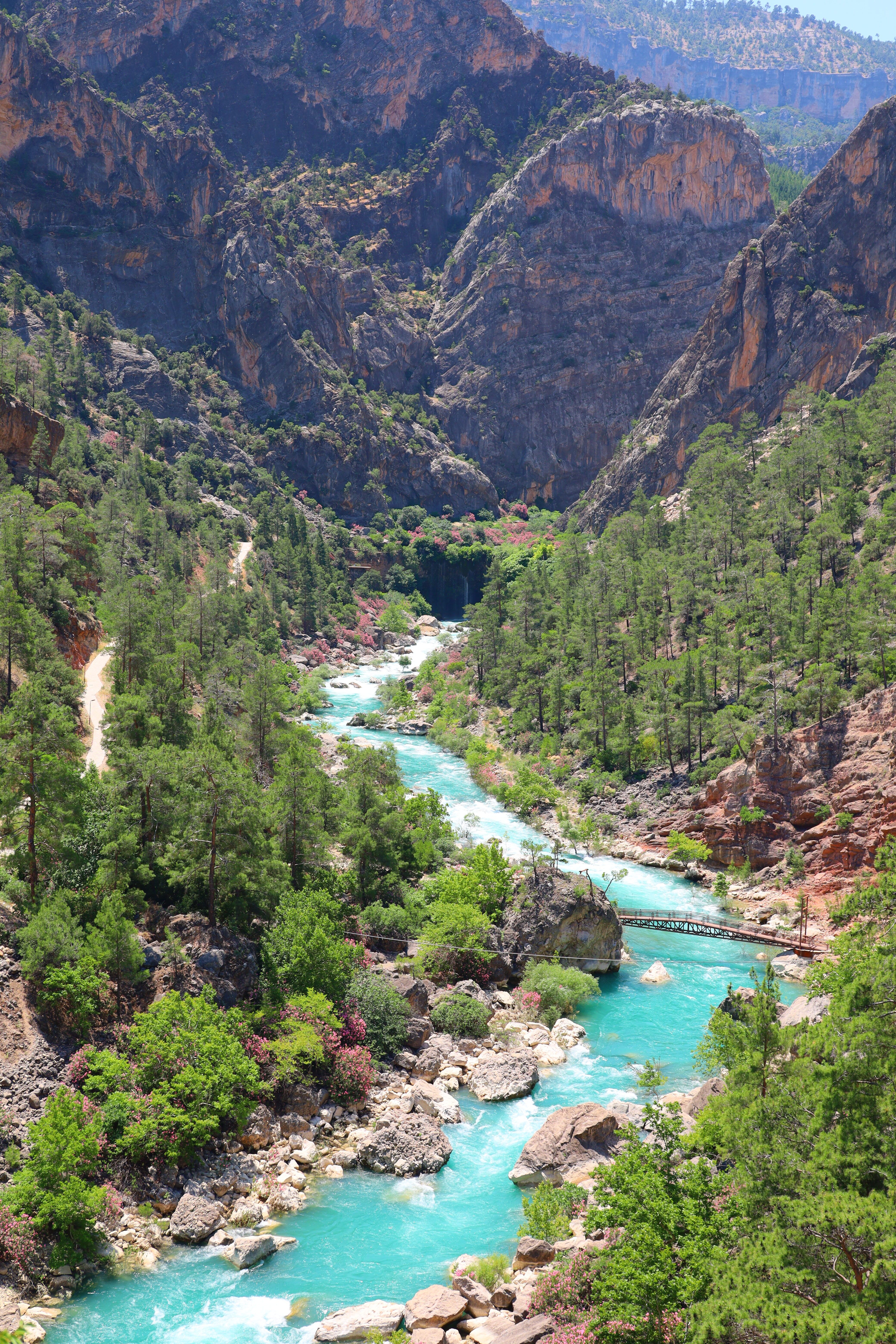 Scenic view of a turquoise river winding through a lush, rocky canyon under a sunny sky.
