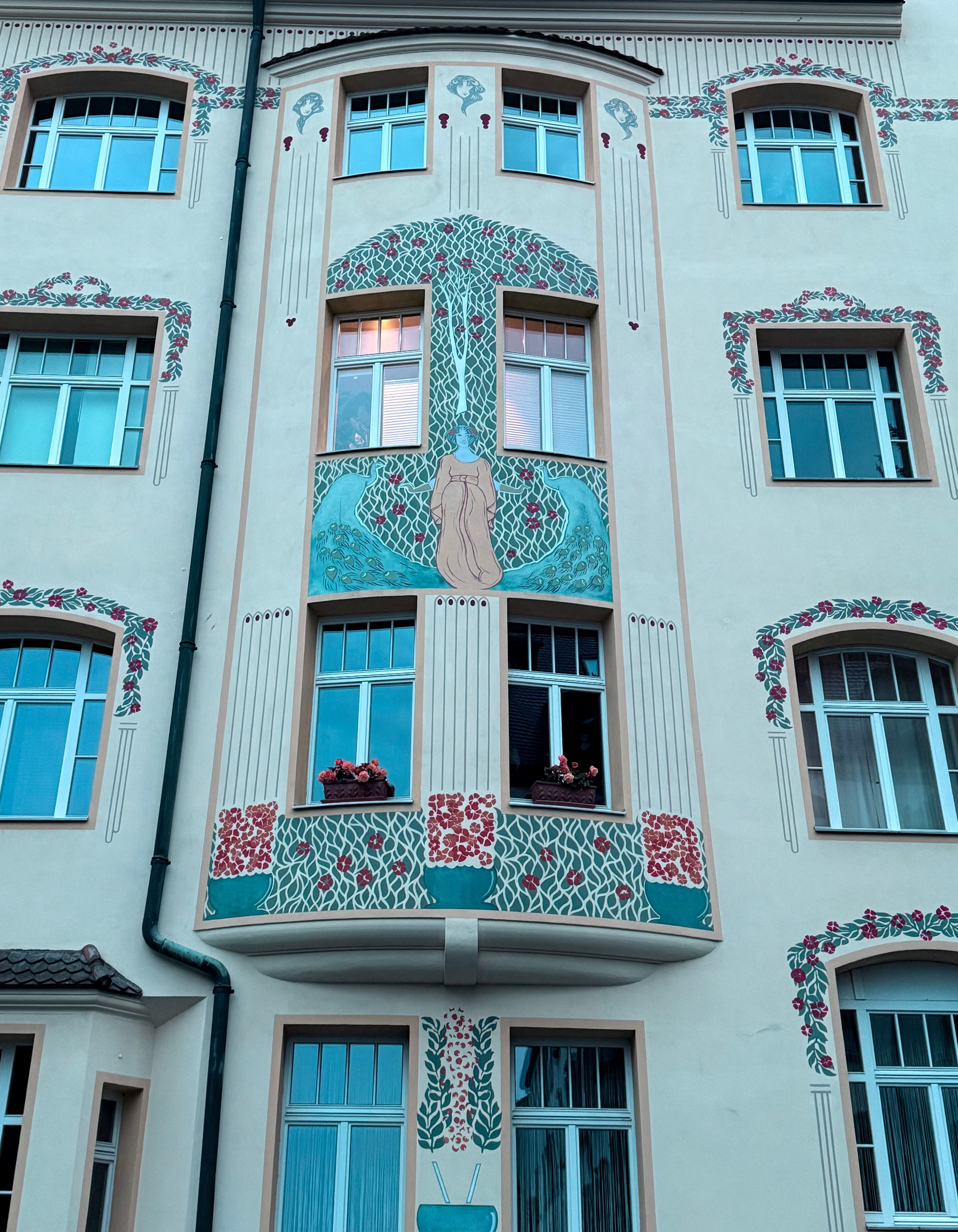 A beautifully ornamented Art Nouveau facade on a building in Erlangen, Germany.. beautifully, ornamented, nouveau
