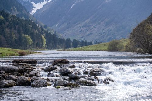 Free Serene river cascading over rocks in a lush, rocky mountain valley with forests and distant peaks. Stock Photo