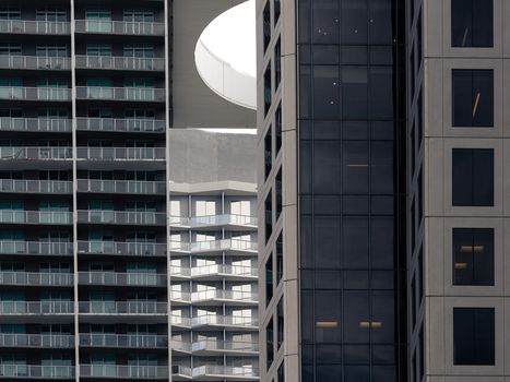 Abstract view of Miami skyscrapers with unique architectural patterns and geometric designs.