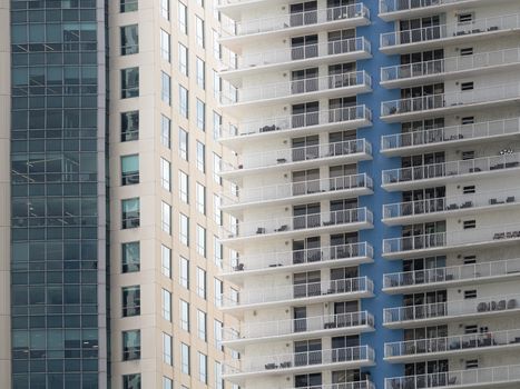 Close-up view of modern high-rise building facades in Miami, Florida, showcasing urban architecture.