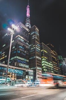 夜晚的城市景观充满活力，灯光闪烁，摩天大楼灯火通明