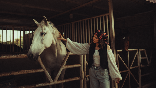 Free A woman dressed in traditional attire gently touches a white horse in a stable, Erbil, Iraq. Stock Photo