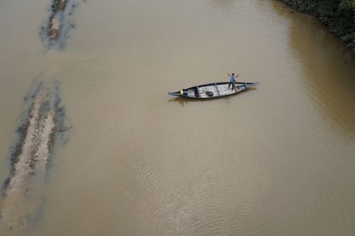 Free Aerial view of two people in a canoe on a calm river, surrounded by lush greenery. Stock Photo
