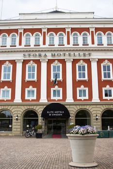 Elegant facade of Stora Hotellet, a historic landmark in Jönköping, Sweden.