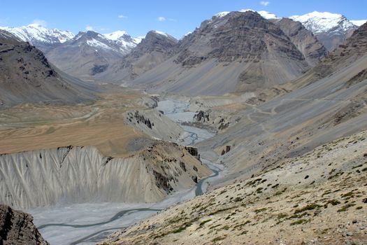 Sweeping view of the rugged Himalayan terrain, showcasing snowy peaks and deep valleys.