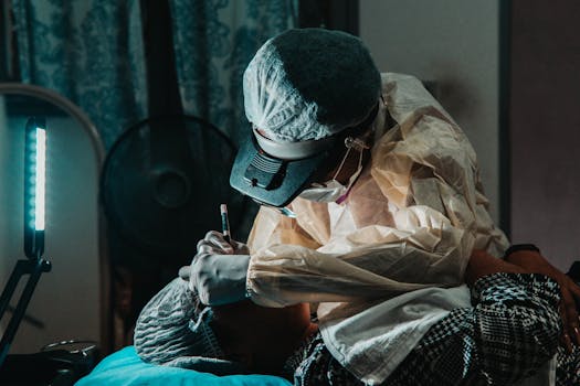 A medical practitioner in protective gear performing surgery indoors with focused lighting.