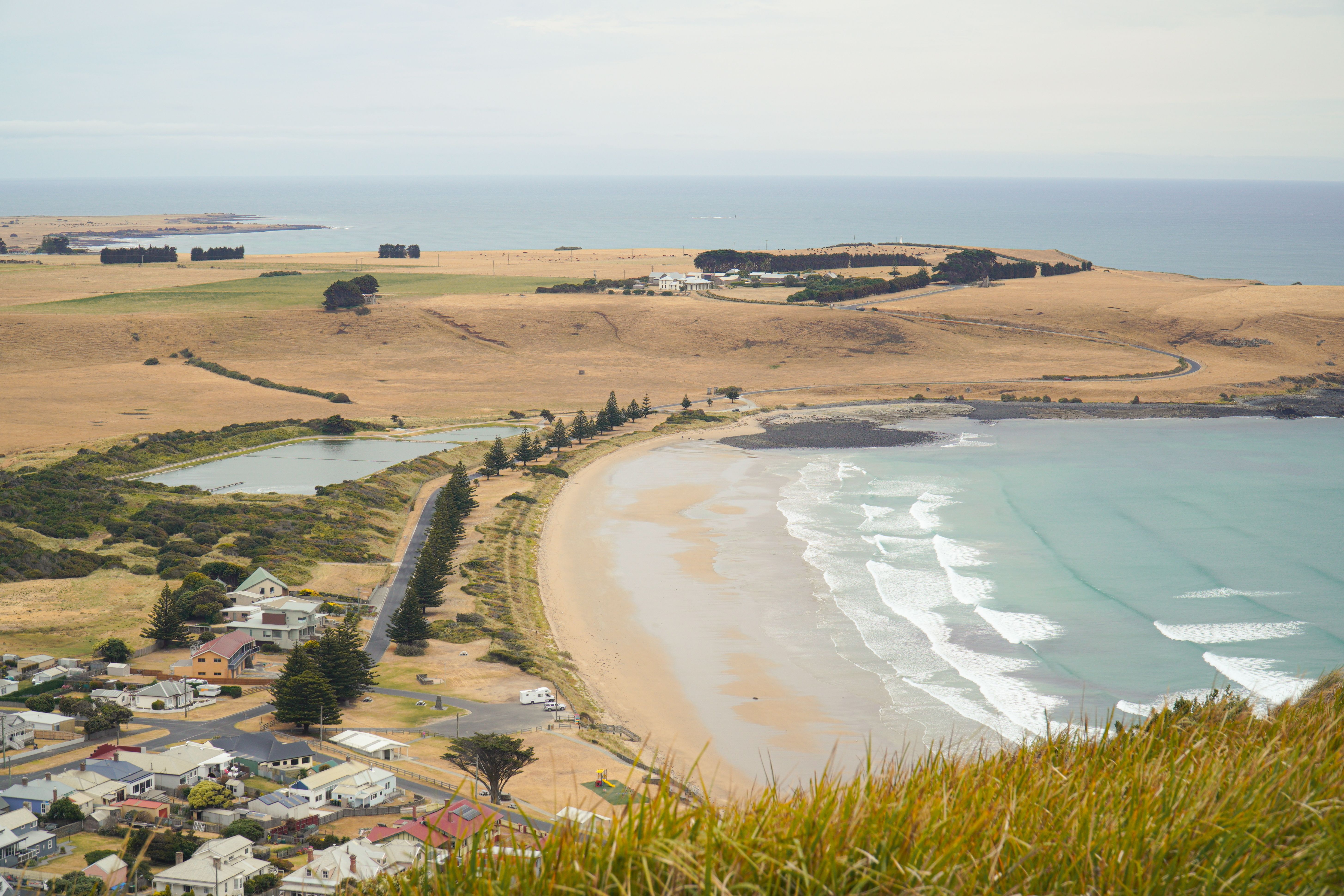 Scenic aerial view of the picturesque coastline and landscape in Stanley, Tasmania, Australia.
