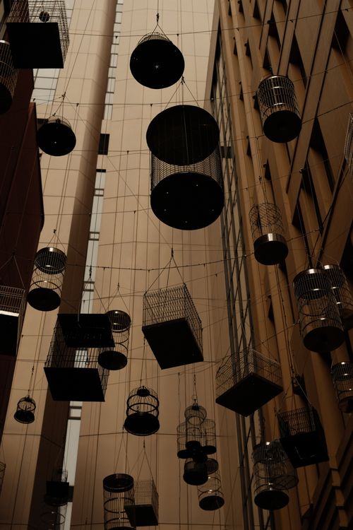 Free An artistic display of hanging bird cages between tall buildings in Sydney, Australia. Stock Photo