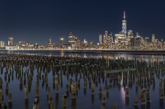 纽约市华丽的夜晚天际线，倒映在海滨