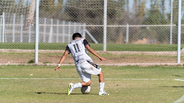 A soccer player prepares to kick the ball on a sunny outdoor field.