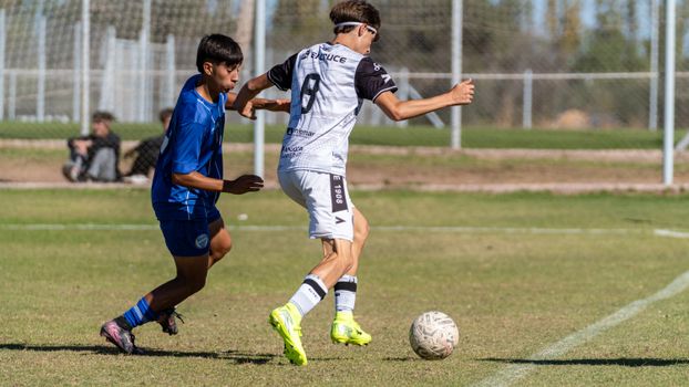 Youth soccer players competing in an intense outdoor match on a sunny day.