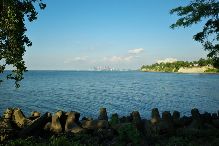 Cleveland skyline view from Lake Erie shoreline park